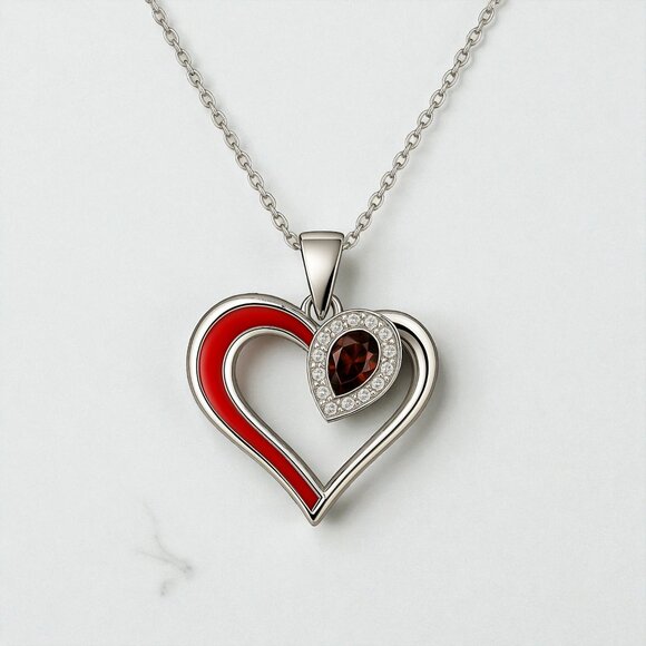 Pear Shaped Garnet and Lab Grown Diamond Heart Pendant in 925 Sterling Silver - Picture 1 of 2